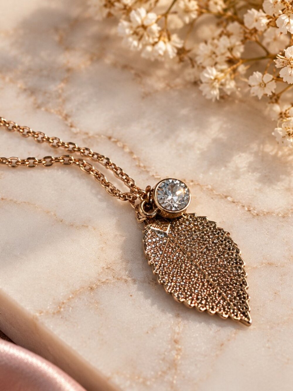 Gold Tone Leaf Pendant Necklace with Rhinestone Detail